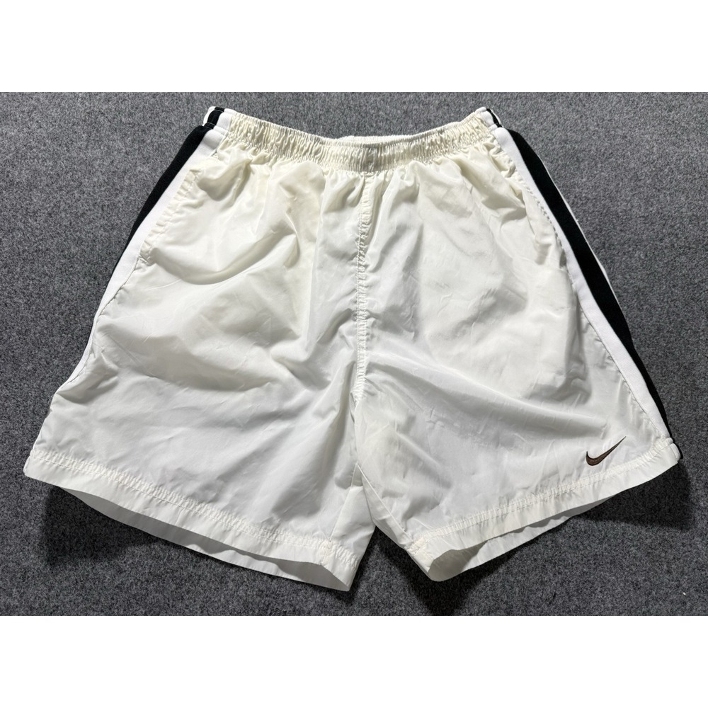 Vintage 90s Nike Embroidered Swoosh White Black Nylon Athletic Shorts Women's L